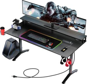 SEVEN WARRIOR 游戏桌 60寸带 RGB 鼠标垫和电源插座、碳纤维表面游戏桌带显示器支架